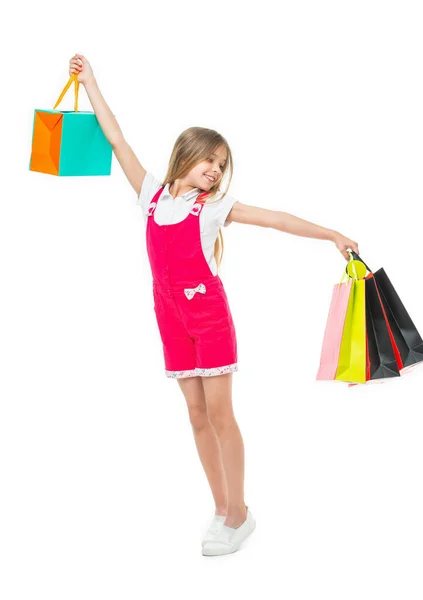 Piena Lunghezza Teen Girl Shopping Vendita Isolato Bianco Teen Girl — Foto Stock