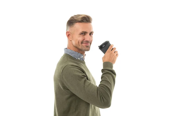 Positiver Mann Der Hintergrund Kaffee Trinkt Foto Eines Mannes Beim — Stockfoto