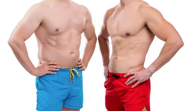 饮食和运动相比较的两张身体照片 用饮食和运动与白人男性进行身体比较 在演播室用饮食和体育进行身体比较 以饮食和运动进行身体比较的男子 — 图库照片