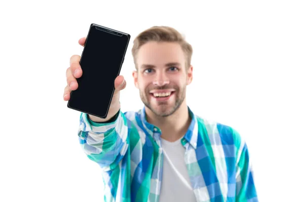Mann Zeigt Telefonbildschirm Hintergrund Selektiver Fokus Foto Des Mannes Der — Stockfoto