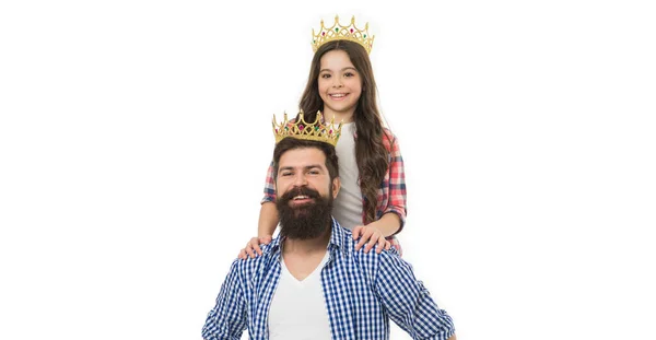 stock image We are just best. King and princess concept. Bearded hipster and little daughter. Family heritage. Crown richness and monarchy. Crown symbol of royal. Luxury life. Father and kid with golden crown.