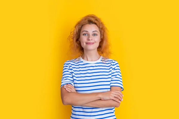 redhead woman smile face isolated on yellow background. face of young redhead woman in studio. adult redhead woman face.