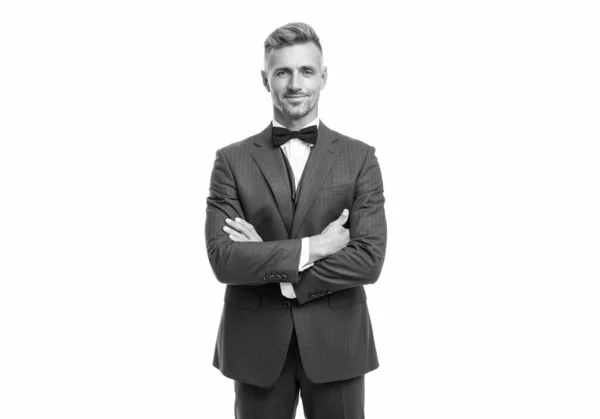 Hoary Man Bridegroom Blue Rich Tux Bow Isolated White Background — стоковое фото