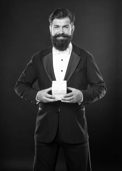 Smiling Man Tuxedo Bow Tie Formalwear Black Background Gift Box — Stockfoto