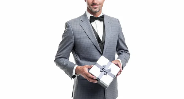 Smiling Man Blue Suit Gift Box Isolated White Valentines Day — Stock Photo, Image