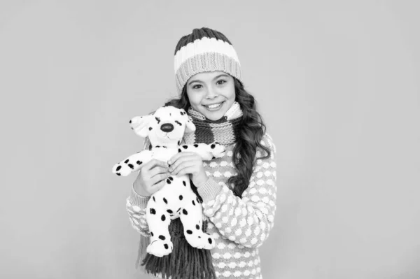 Cheerful Child Knitwear Hold Toy Teen Girl Blue Background Happy — 스톡 사진