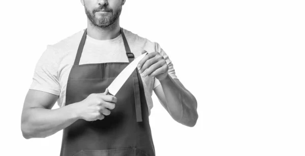 Cropped View Butcher Red Apron Hold Knife Isolated White Background — ストック写真