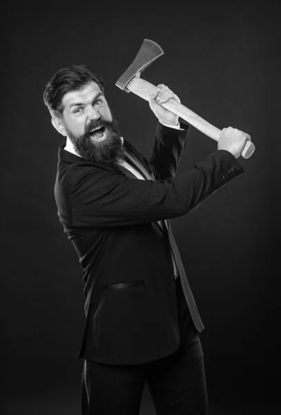 Aggressive Bearded Man Suit Threaten Axe Dark Background Rage — Stockfoto