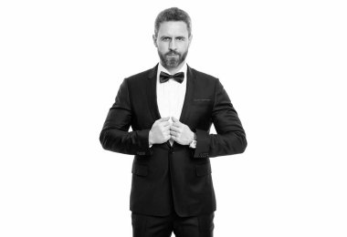 man in tuxedo isolated on white background. tuxedo man in studio. photo of man wearing tuxedo. man wear tuxedo formal suit.