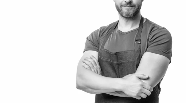 Cropped View Man Apron Isolated White Background Crossed Hands — Stockfoto
