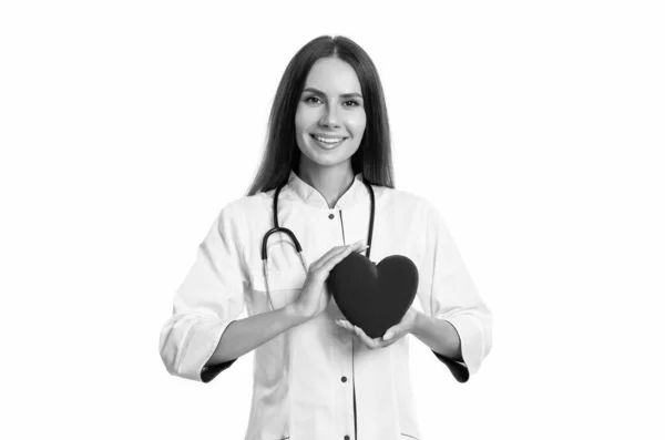 Happy Cardiologist Heart Isolated White Cardiologist Show Heart Donation Studio — Φωτογραφία Αρχείου