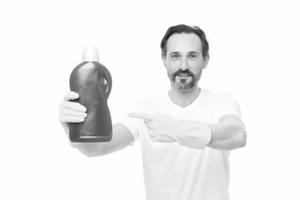 Bărbat Care Arată Degetul Detergentul Rufe Izolat Alb Bărbat Detergent — Fotografie, imagine de stoc