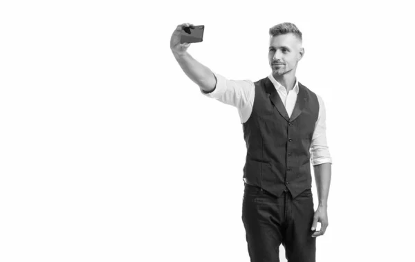 Happy Professional Man Suit Vest Taking Selfie Smartphone Isolated White — Fotografia de Stock