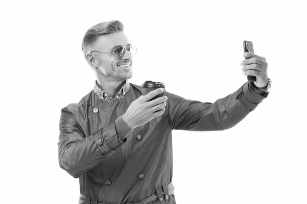 Glücklich Lächelnder Geschäftsmann Geschäftsmann Geschäftsmann Ceo Formalem Mantel Macht Selfie — Stockfoto