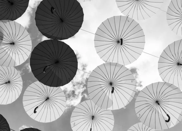 Bright Color Umbrellas Hanging Bottom Sky Background — Stok fotoğraf