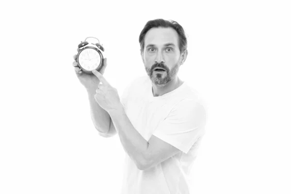 Omul Arătând Degetul Ceas Deşteptător Fundal Fotografie Ceas Deşteptător Omul — Fotografie, imagine de stoc