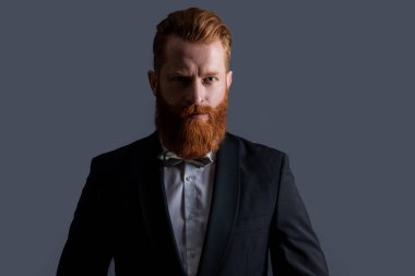 Smokin giysisiyle çekilen bir adamın portresi. Smokin giyen adam. Smokin resmi kıyafet. Smokinli sakallı adam gri arka planda izole edilmiş..