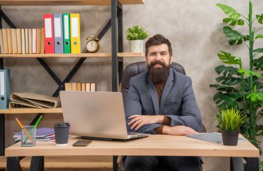 Neşeli yetişkin serbest çalışan ofis ve internet üzerinden bilgisayar iletişimi kullanıyor..