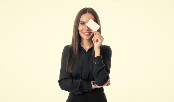Happy Banker Showing Plastic Debit Credit Bank Card Businesswoman Holding — Stock Photo, Image