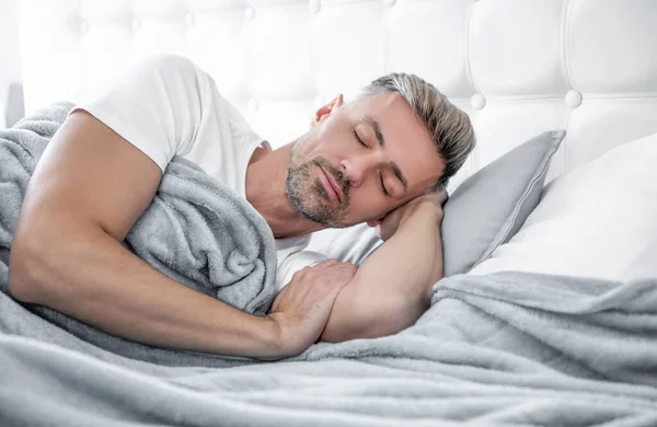Mature Guy Sleeping Bed Early Morning — Stok Foto