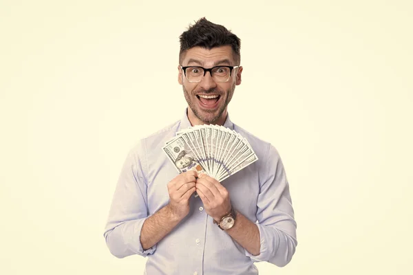 Amazed Man Glasses Holding Paper Money Studio Rich Man Money — Foto de Stock