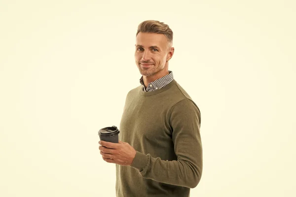 stock image happy man at coffee break isolated on white. man at coffee break in studio. man at coffee break on background. photo of man at coffee break.