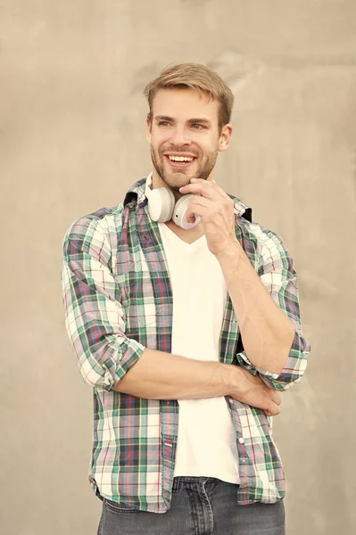 Cheerful Man Music Lifestyle Wearing Checkered Shirt Photo Man Music —  Fotos de Stock
