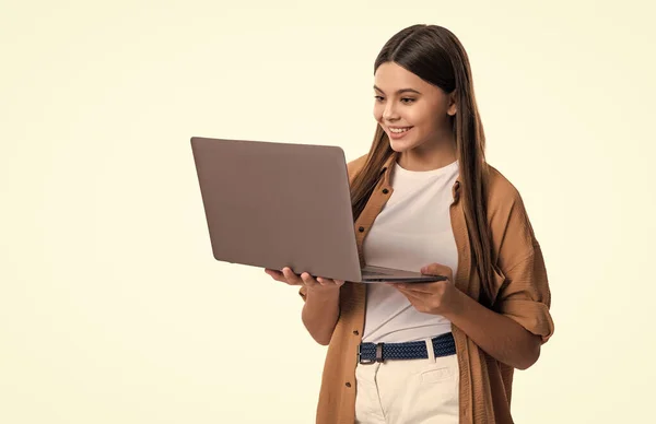 Positive Girl Use Laptop Shopping Online Teen Girl Shopping Online — Foto de Stock