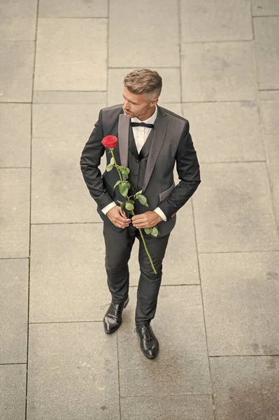 Ημερομηνία Αρραβώνων Όμορφος Άντρας Σμόκιν Γιορτάζει Τον Αρραβώνα Άνθρωπος Τριαντάφυλλο — Φωτογραφία Αρχείου