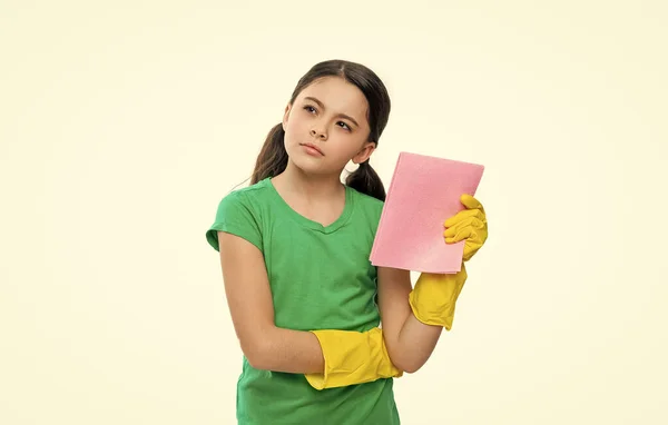 Thoughtful Girl Cleaner Chores Studio Girl Cleaner Chores Background Photo — Stockfoto