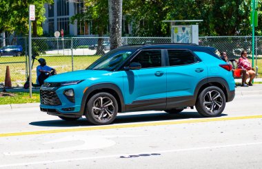 Miami Beach, Florida USA - April 15, 2021: blue chevrolet trailblazer RS suv vehicle, side view.