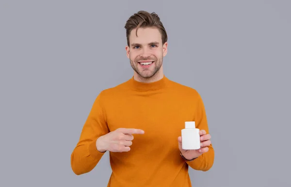 Hombre Señalando Con Dedo Botella Frasco Pastillas Recetadas Botella Medicamentos —  Fotos de Stock