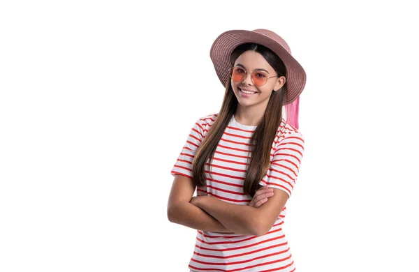 Photo Summer Stylish Teenager Girl Wearing Striped Tshirt Advertisement Summer — Stock Photo, Image