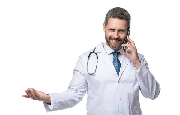 Photo Cheerful Physician Online Phone Physician Online Isolated White Physician — Stock Photo, Image