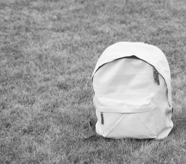 Yeşil okul çantası çimlerin üzerinde duruyor, kopyalama alanı.