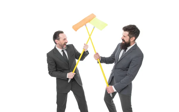 Cleaning business. Cleaning service concept. Cover our tracks before someone find out financial fraud. Delete evidence. Clear reputation. Bearded men formal suits hold mops. Big cleaning day.