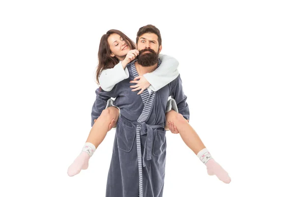 Playful Woman Twirl Moustache Riding Piggyback Man Isolated White Couple — 스톡 사진