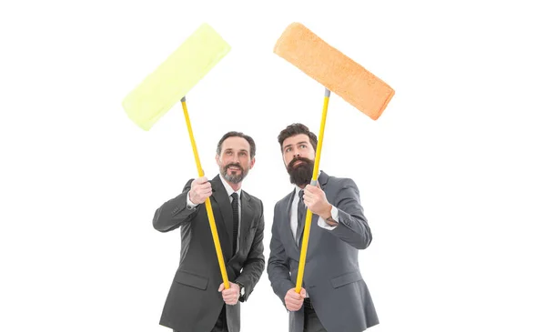 Mature Bearded Men Suit Hold Householding Mop Cleaning Company Clean — Fotografia de Stock