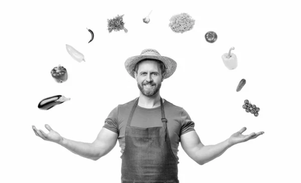 Happy Man Straw Hat Apron Colorful Vegetables Isolated White Background — Stockfoto