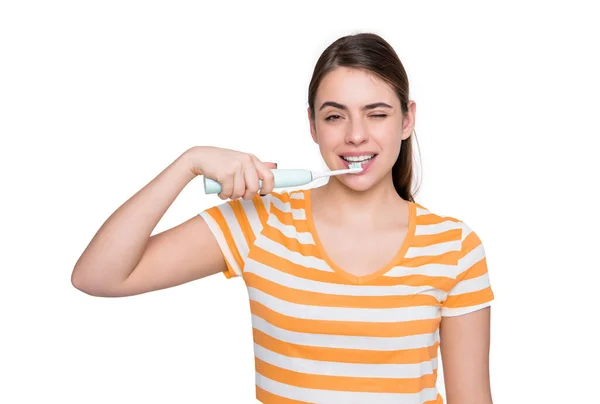 Menina Positiva Com Escova Dentes Isolada Fundo Branco — Fotografia de Stock