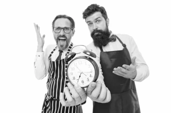 Alarm Clock Show Early Morning Time Men Chef Team Apron — Stock fotografie