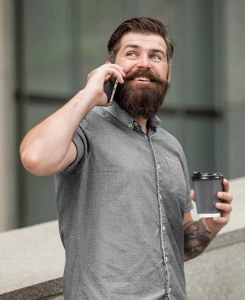 Homme Parler Sur Smartphone Dans Rue Avec Café Photo Homme — Photo