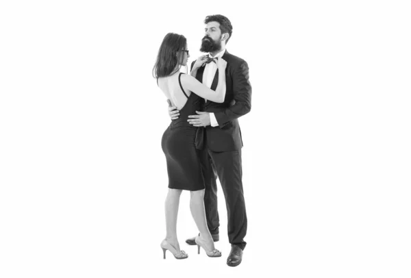 Dress code rules. Party ceremony conference. Dress code concept. Couple get ready for party. Official dress code. Woman elegant lady and bearded gentleman black tuxedo with bow tie. Formal event.