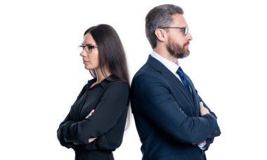 Beyaz arka planda izole edilmiş iş adamlarının profili. Stüdyodaki iş adamları. Resmi giyimli bir çift iş adamı. İş dünyasından profesyonellerin fotoğrafı.