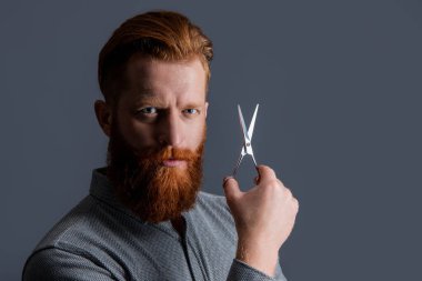 Adam saç kesimi için kuaför makası tutuyor, fotokopi alanı için. Erkek saç kesimi kavramı. Erkek kuaför saç kesimini gri renkte yapar. Kestirmek için makaslı kuaför. Kuaför salonundaki adam..