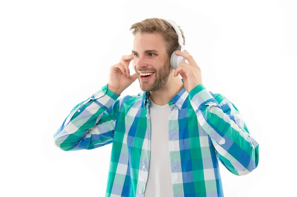 Positive Millennial Man Listening Music Background Photo Millennial Man Music — Stock Photo, Image