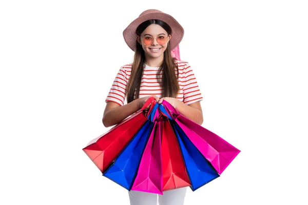 Positive Teenie Mädchen Beim Einkaufen Verkauf Auf Hintergrund Teenie Mädchen — Stockfoto