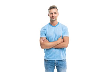 cheerful handsome mature guy with graying hair isolated on white background, mens beauty.