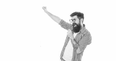 Beyazların izole edilişini kutlayan mutlu adam, parti. Sakallı adam parti yapıyor ve stüdyoyu eğlendiriyor. Fotokopi kabini gözlüğü takan. Mutlu kutlamalar. Parti ve eğlence etkinlikleri, kopyalama alanı