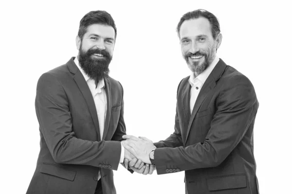 Its pleasure to deal with you. Happy men shake hands isolated on white. Business partners made agreement. Binding agreement. Contract and commercial agreement. Completing business agreement.
